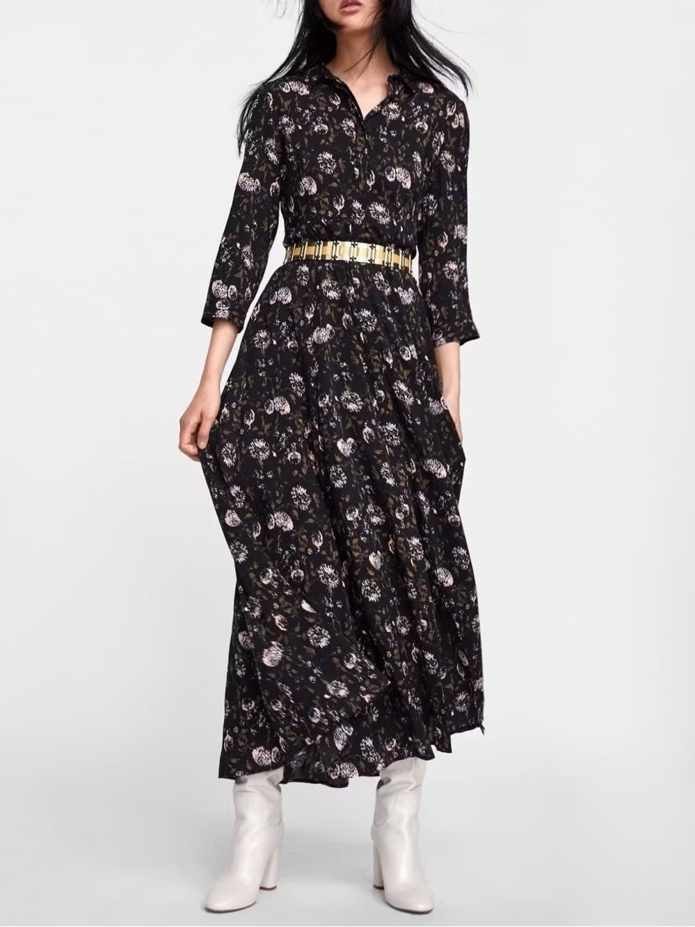 Zara Women's Button Down Black Floral Boho Maxi Shirt Dress Large Whimsigoth